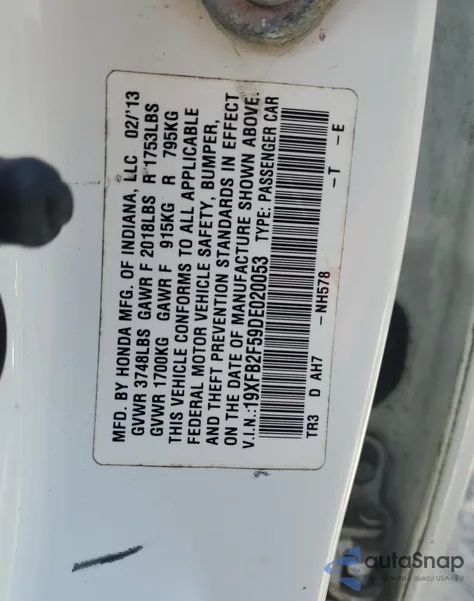 2013 Honda Civic Lx из США, поврежденный, VIN 19XFB2F59DE020053